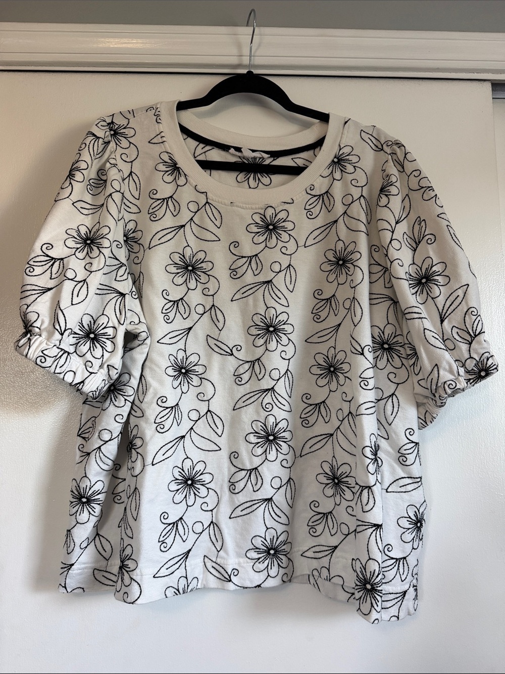Jane and Delancey White with Black Floral Embroidery